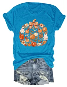 Γυναικείο Μπλε T-Shirt με Στάμπια Κολοκύθας Halloween Κοντό Μανίκι Casual Top!