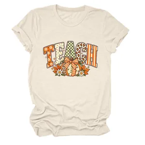 Dames schattige leraar herfst pompoen grafisch t-shirt casual korte mouw ronde hals top