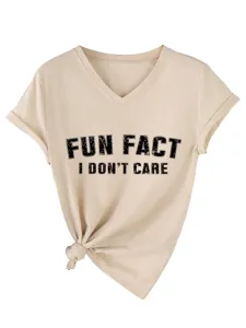 Camiseta casual de mujer con cuello en V y manga corta con estampado de letras y nudo lateral.