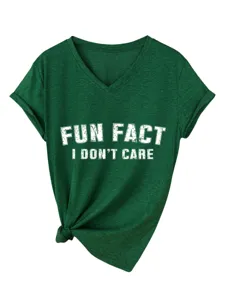 Camiseta de mujer de manga corta y cuello en V top verde casual con estampado y nudo.