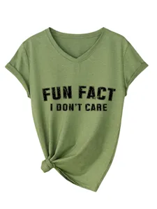Camiseta Mujer Verde Oliva Cuello V Manga Corta Casual Estampado Letras con un Nudo