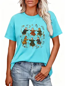 Dames blauw kort mouw t-shirt met leuke vintage dansende katten en bloemen maan print.