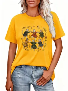 Casual gele dames T-shirt met korte mouwen en een vintage print van dansende katten.