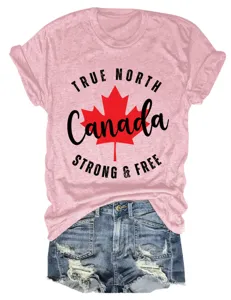 Lässiges Damen Rosa Kurzarm T-Shirt Kanada Buchstaben Druck Sommer Mode Oberteile