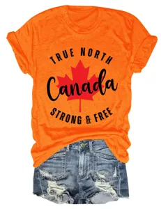 Oranger Damen Kurzarm T-Shirt mit Kanada Grafik, laessiges Sommer Rundhals Oberteil Bekleidung.