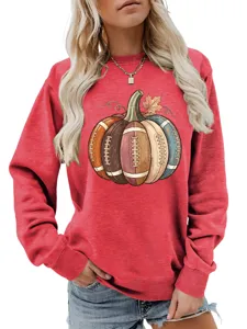 Women red autumn winter sweatshirt with creative football pumpkin graphic long sleeve top