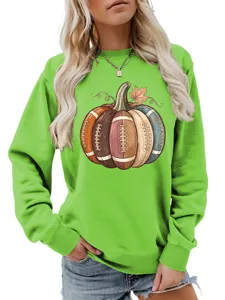 Green casual women long sleeve crewneck sweatshirt featuring autumn pumpkin football graphic print.