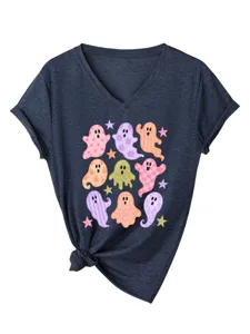 Γυναικείο T-shirt με V-neck και χαριτωμένο τύπωμα φαντάσματος, casual μπλούζα.