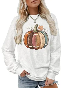 Women Fall Long Sleeve Sweatshirt Casual Crewneck Football Pumpkin Graphic Pullover Top