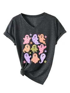 T-shirt με V λαιμόκοψη, κοντό μανίκι, χαριτωμένο σχέδιο φαντασματάκια και κόμπο.
