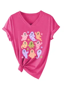 Λεπτομερής εικόνα από casual γυναικείο T-shirt με V-λαιμόκοψη και χαριτωμένα φαντάσματα.