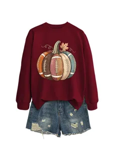 Women autumn winter sweatshirt graphic football pumpkin print long sleeve top with denim shorts.