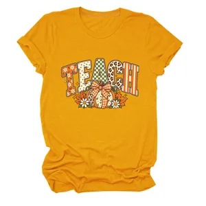Dames herfst leraar korte mouw t-shirt casual ronde hals pompoen grafische top geel