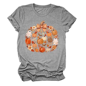 Γυναικείο casual γκρι κοντομάνικο t-shirt με χαριτωμένο σχέδιο κολοκύθας φθινοπώρου