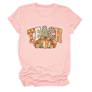Dames casual korte mouw T-shirt lichtroze ronde hals herfst leraar pompoen grafische top