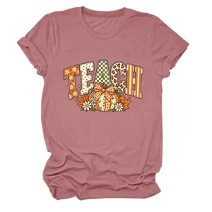 Dames Casual Teach Pompoen Strik Print Korte Mouw Ronde Hals T-Shirt Herfst Tops