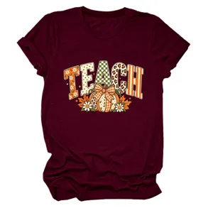 Dames herfst t-shirt korte mouw bordeaux casual top met pompoen teach afbeelding