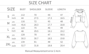 Tableau des tailles pour sweat à manches longues, buste épaule manche longueur cm inch.
