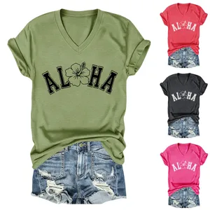 T-shirt décontracté pour femme à col V et manches courtes avec imprimé floral Aloha et short.
