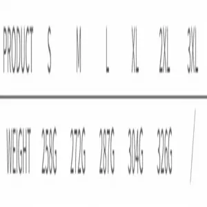 Détail de la table de spécification de taille et de poids du produit avec des données précises.