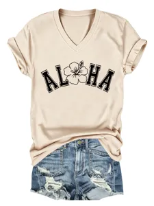 T-shirt décontracté pour femme en beige à col V, manches courtes et motif floral Aloha.
