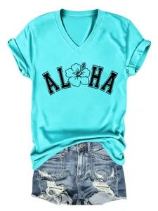 T-shirt femme col V manches courtes imprimé Aloha haut d'été décontracté avec détails en jean.