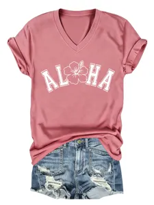 T-shirt décontracté à manches courtes et col en V pour femmes Aloha Imprimé Floral Été