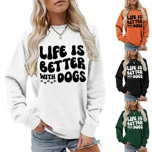 Damen Langarm Rundhals Sweatshirt mit Hund Buchstaben Druck und mehreren Farboptionen.