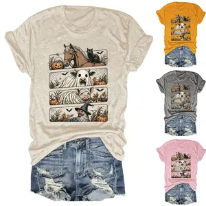 Camiseta casual de mujer Halloween animal gráfico manga corta con pantalones cortos.