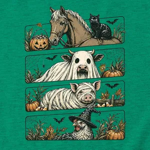 Primer plano detalle del estampado gráfico retro de animales de Halloween en camiseta.