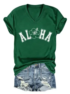 T-shirt femme vert décontracté à col V et manches courtes avec imprimé floral aloha et denim.