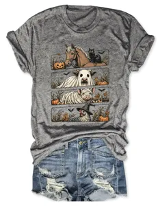 Camiseta informal gris de manga corta para mujer con estampado gráfico de animales de Halloween.