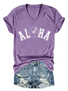 T-shirt violet à col en V avec motif Aloha et manches retroussées, haut décontracté d'été.