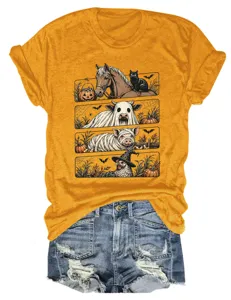 Mujeres Casual Halloween Divertido Estampado Animal Mostaza Cuello Redondo Manga Corta Camiseta