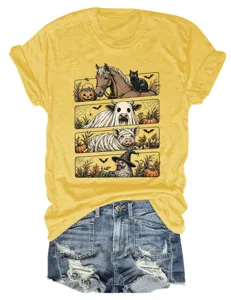 Camiseta de mujer divertida de Halloween con gráfico de animales cuello redondo manga corta set