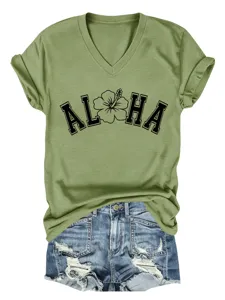 T-shirt femme decontracte a manches courtes et col V imprime floral Aloha pour ete.