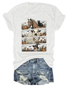 Vista detallada de camiseta blanca informal de manga corta con divertidos animales de Halloween.
