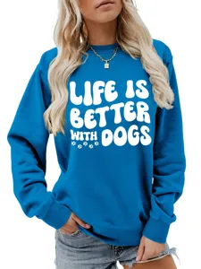 Damen blau langarm Rundhals Sweatshirt mit süßem Hund Motiv Aufdruck lässiges Top