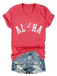 T-shirt femme décontracté à col en V et manches courtes avec imprimé floral Aloha, haut confortable.