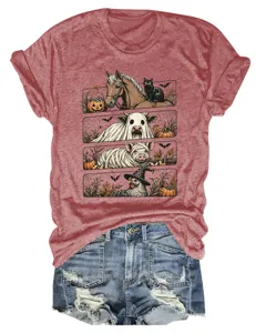 Camiseta casual de manga corta para mujer con estampado de animales de Halloween y shorts.