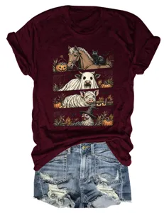 Camiseta de manga corta burdeos informal para mujer con divertido gráfico de animales.