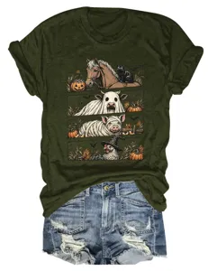 Camiseta de manga corta con gráfico de animales de Halloween vintage para mujer