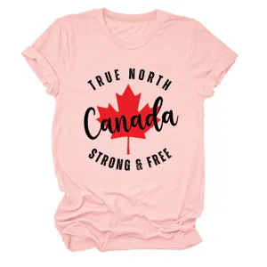 Rosa Damen Kurzarm T-Shirt mit Kanada Ahornblatt Grafikdruck lässiges Rundhals Top.