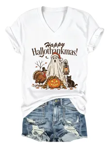 Dames Happy Hallothankmas V-Hals Korte Mouw T-Shirt Casual Grappige Vakantie Top