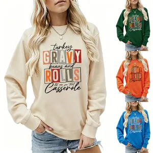 Sweat-shirt décontracté à manches longues pour femme avec imprimé graphique de dinde d'automne.