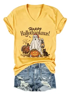 Dames Halloween Thanksgiving Kerst V-Hals Korte Mouw Grafisch T-Shirt Casual Top