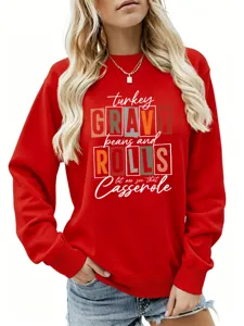 Vue détaillée du sweatshirt rouge à manches longues et col rond avec impression amusante.