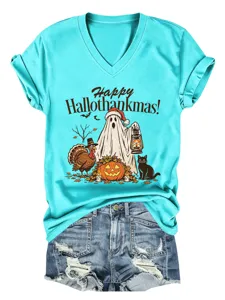 Casual grappig V-hals korte mouw T-shirt met feestelijke print voor comfortabele zomer.