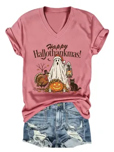 Dames casual V-hals korte mouw t-shirt met grappige vakantie grafische print top.