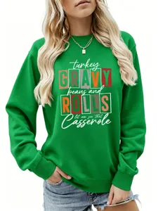 Sweat-shirt vert Thanksgiving pour femme, pull à manches longues décontracté avec imprimé amusant.